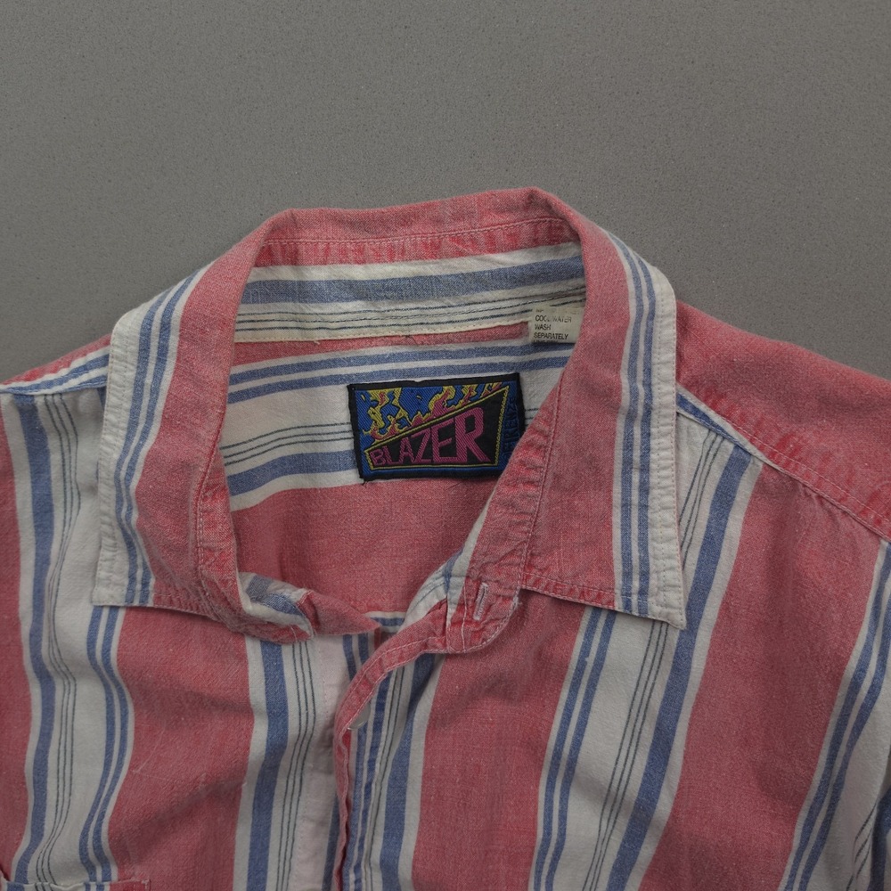 Vintage 90s Blazer Striped Short Sleeve Button Up Shirt Men 1X XL Pink Blue Rave - Picture 6 of 11